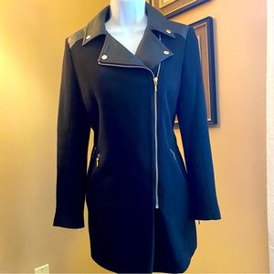 INC motorcycle style black knit long jacket with vegan leather accents.  Size S
